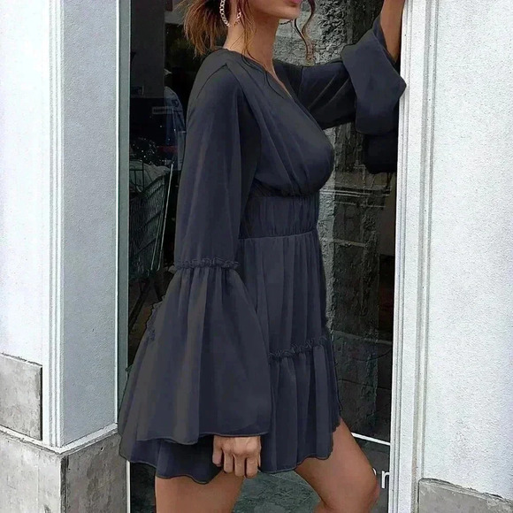 Black Sexy Women's Plunging Neck Frill Ruffle Hem Chiffon Dress - Picture 6 of 6